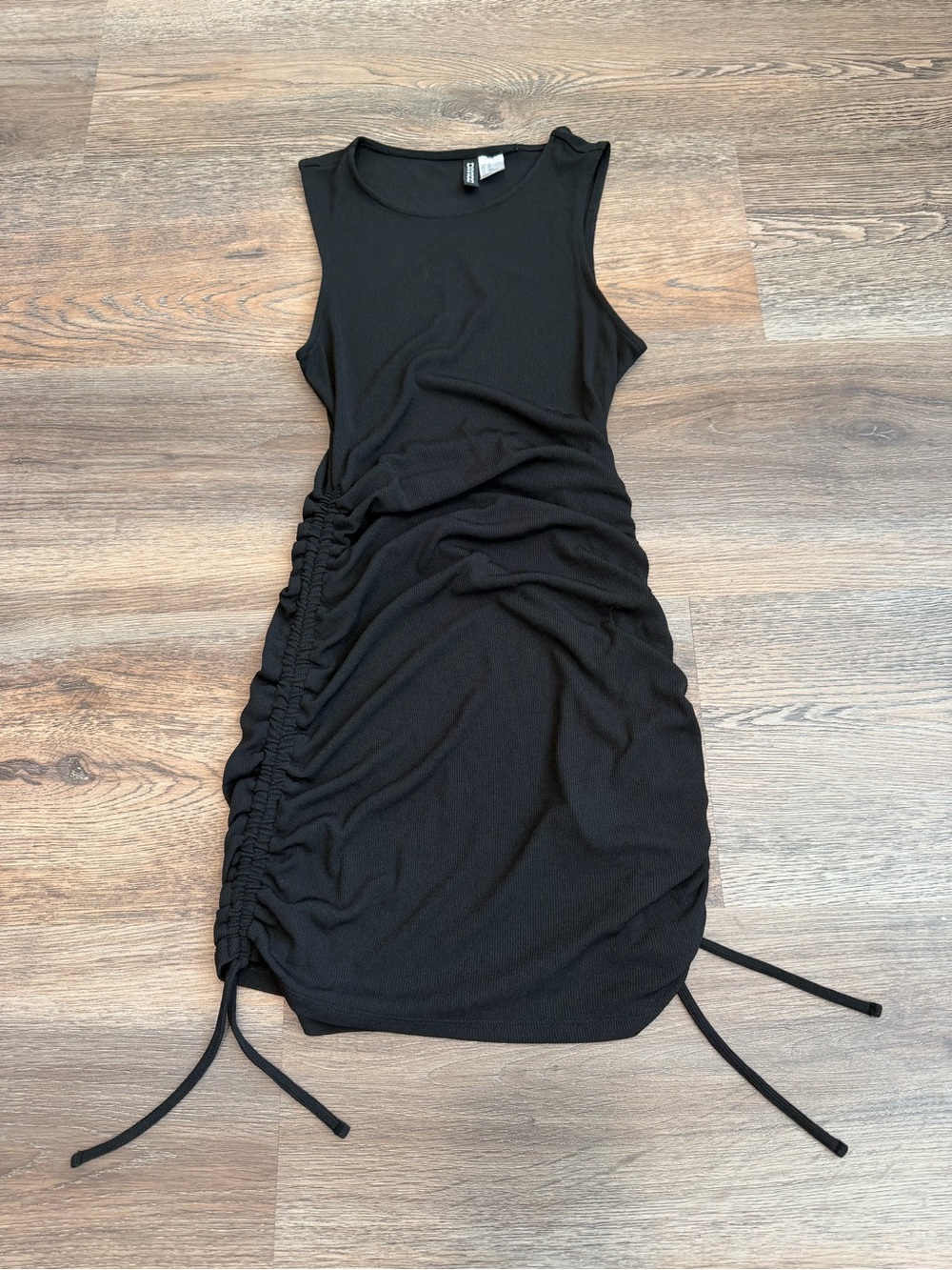 H&M Divided Black Ruched Bodycon Mini Dress XS Cinch Tie Side Sleeveless